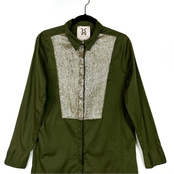 Figue Silver Sequins Embellished Button Down Shirt Tunic In Olive Green Size M - Picture 4 of 10